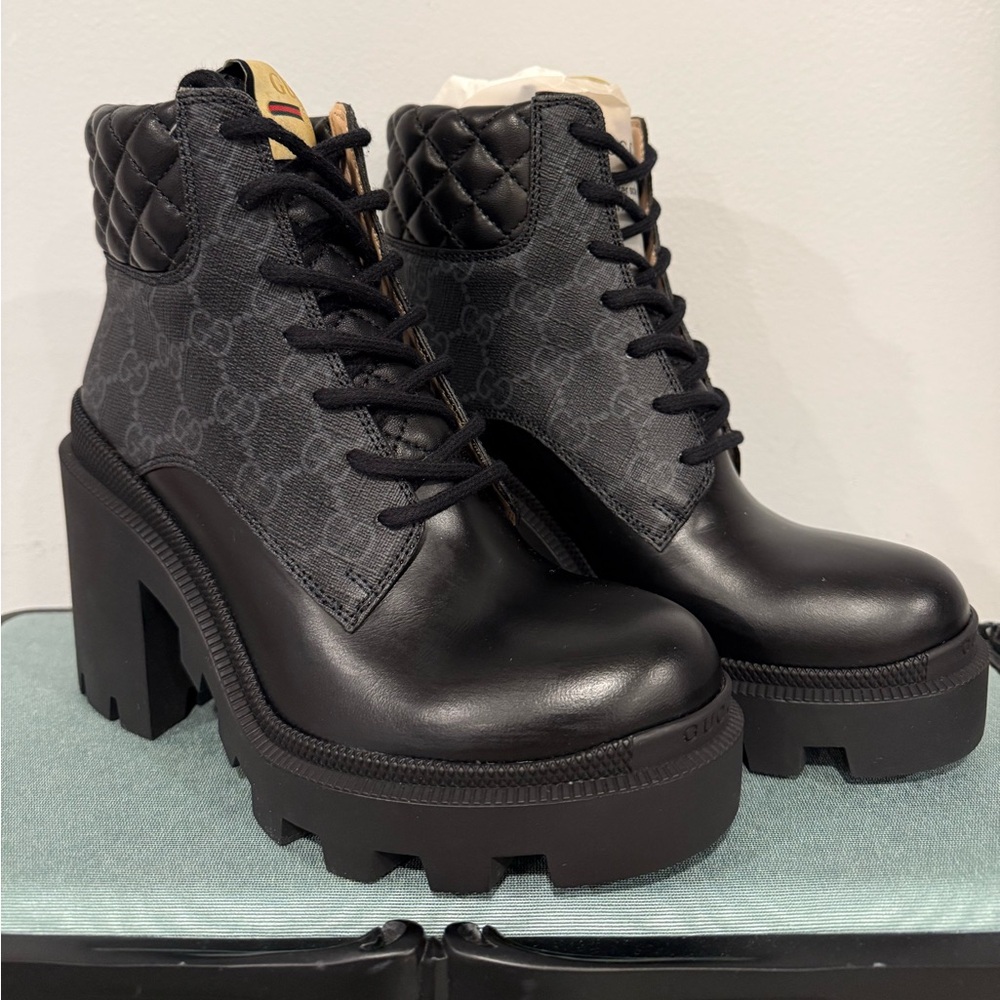 Gucci GG Canvas Heeled Ankle Black Boots size 35.5